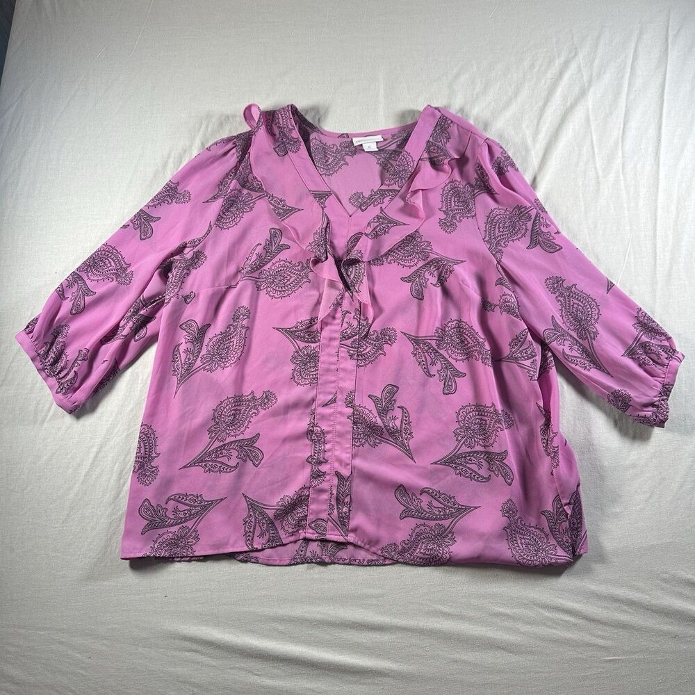 Liz Claiborne Blouse XL Pink Paisley V-Neck Ruffle 3/4 Sleeve
